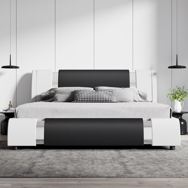 Upholstered Platform Bed Frame with Metal Decor and Adjustable Headboard