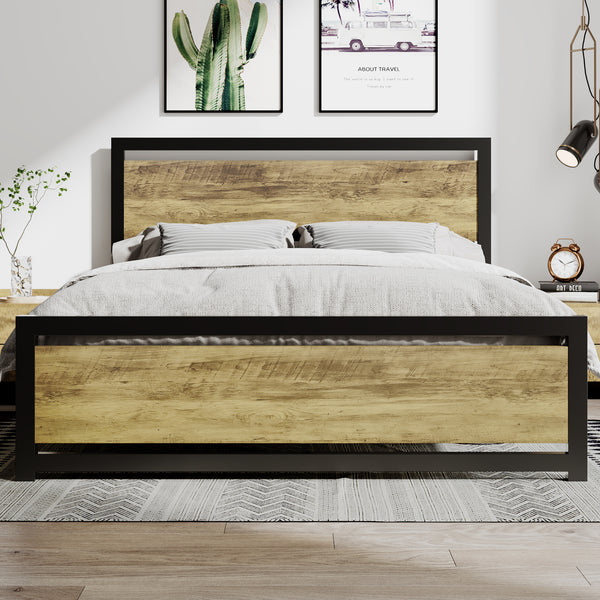 Metal Platform Bed with Modern Wooden Headboard & Footboard