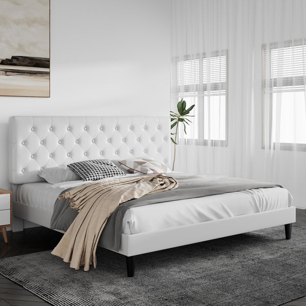 Upholstered Bed with Adjustable Diamond Stitched Button Tufted Headboard