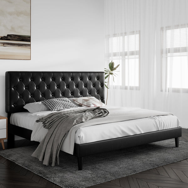 Upholstered Bed with Adjustable Diamond Stitched Button Tufted Headboard