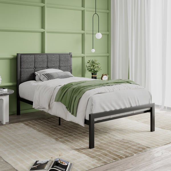 Platform Bed Frame with Upholstered Button Tufted Square Stitch Headboard