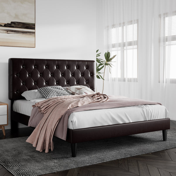 Upholstered Bed with Adjustable Diamond Stitched Button Tufted Headboard