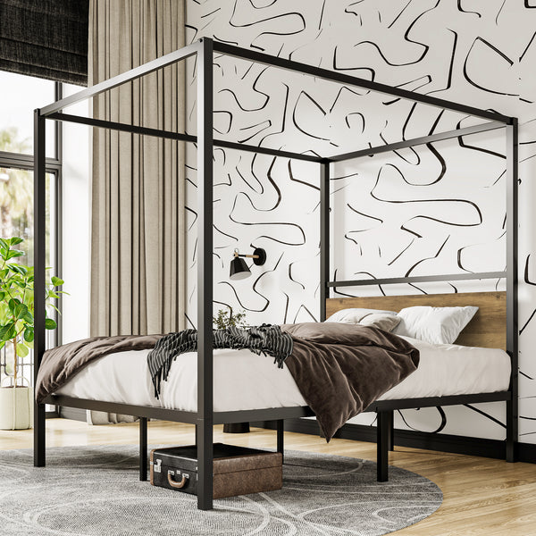 Canopy Bed with Wooden Headboard, Sturdy Posters, Noise Free, No Box Spring Needed