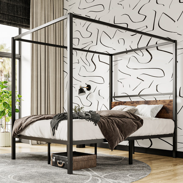 Canopy Bed with Wooden Headboard, Sturdy Posters, Noise Free, No Box Spring Needed