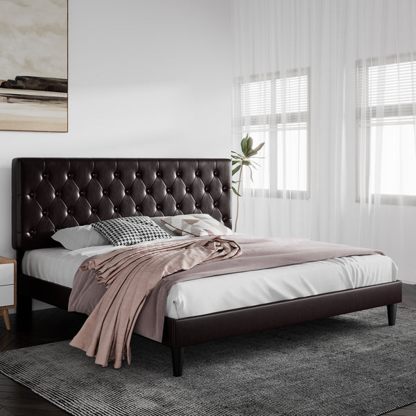 Upholstered Bed with Adjustable Diamond Stitched Button Tufted Headboard