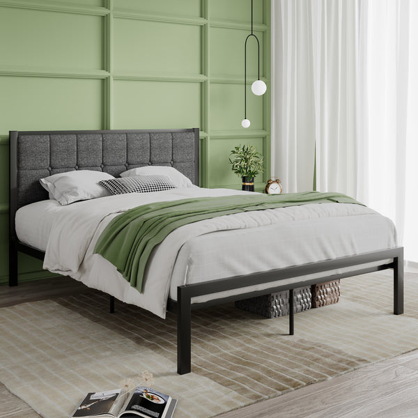 Platform Bed Frame with Upholstered Button Tufted Square Stitch Headboard