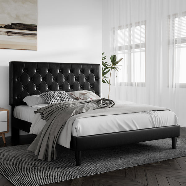 Upholstered Bed with Adjustable Diamond Stitched Button Tufted Headboard