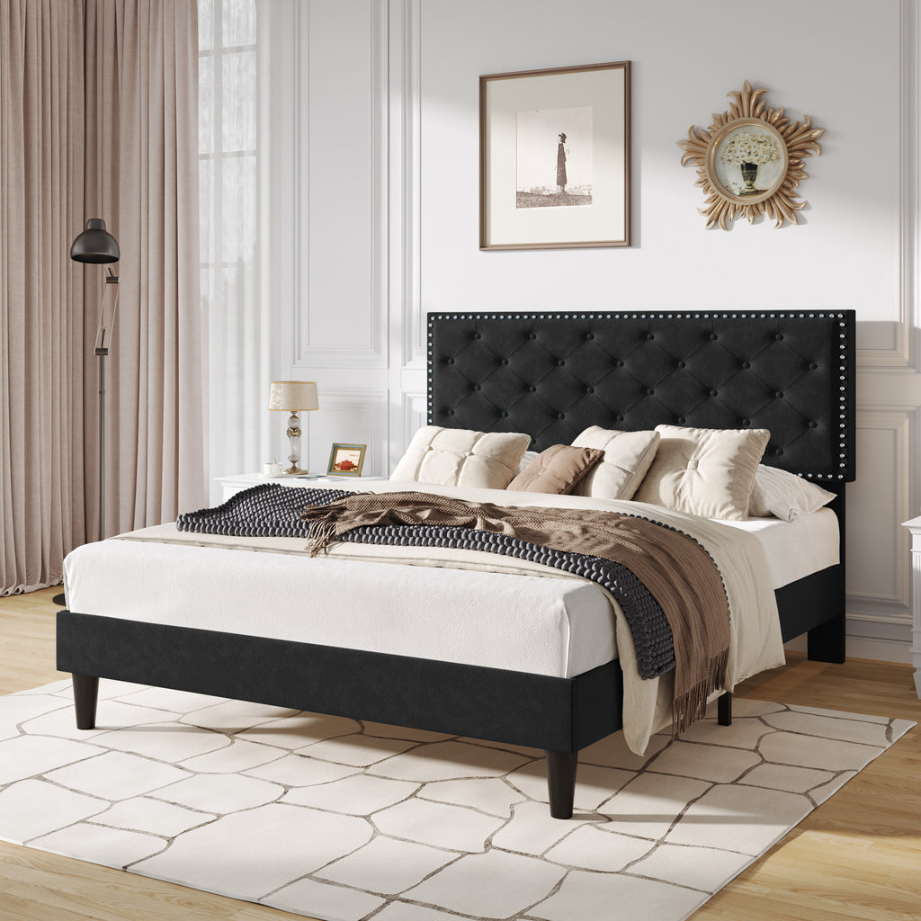Velvet Bed Frame, Upholstered Platform Bed with Adjustable 