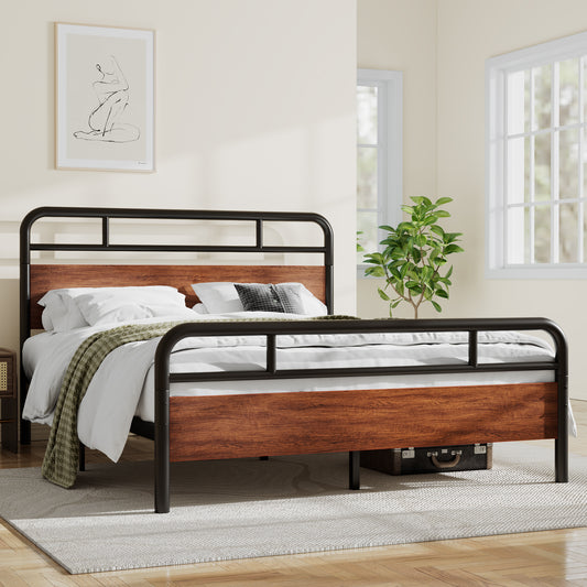 Metal Platform Bed Frame with Modern Wood Headboard, Round Framework Design