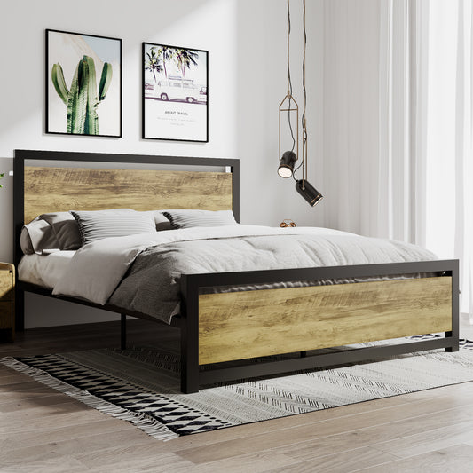 Metal Platform Bed with Modern Wooden Headboard & Footboard