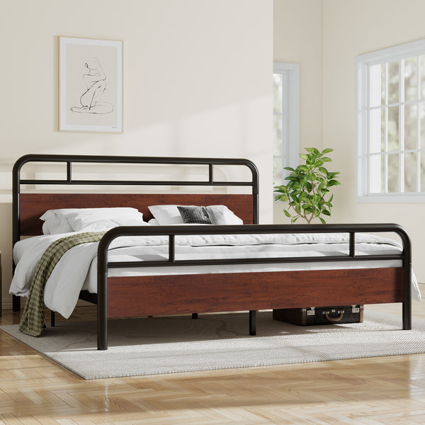 Metal Platform Bed Frame with Modern Wood Headboard, Round Framework Design