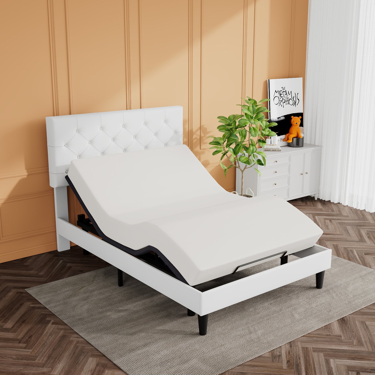 Adjustable Bed Frame with Wireless Remote, Head and Foot Incline, Wood Board Support