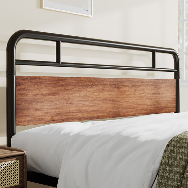 Metal Platform Bed Frame with Modern Wood Headboard, Round Framework Design