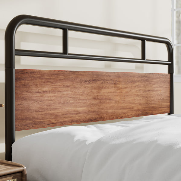 Metal Platform Bed Frame with Modern Wood Headboard, Round Framework Design