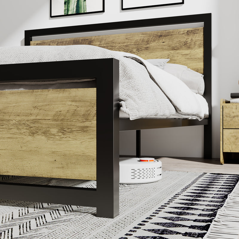 Metal Platform Bed with Modern Wooden Headboard & Footboard