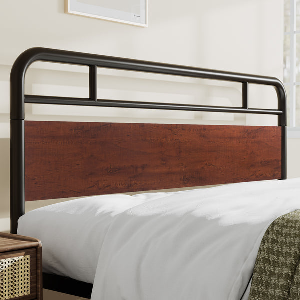 Metal Platform Bed Frame with Modern Wood Headboard, Round Framework Design