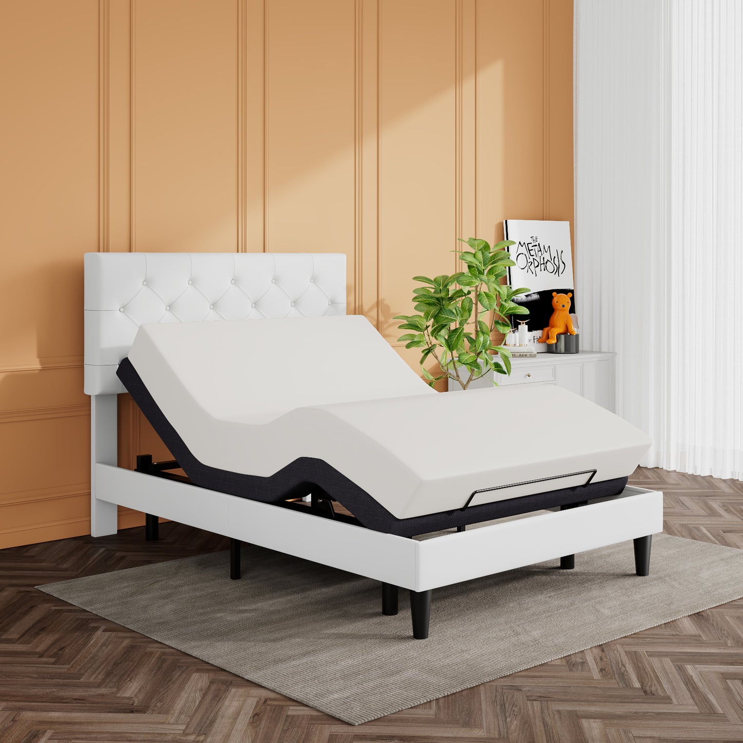 Adjustable Bed Frame with Wireless Remote, Head and Foot Incline, Wood Board Support