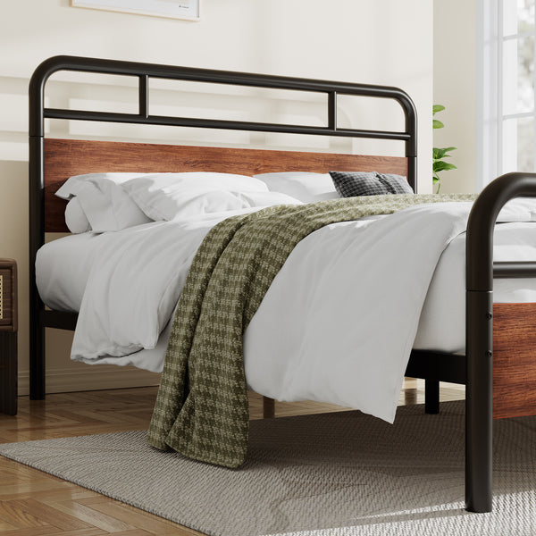 Metal Platform Bed Frame with Modern Wood Headboard, Round Framework Design