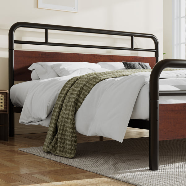 Metal Platform Bed Frame with Modern Wood Headboard, Round Framework Design