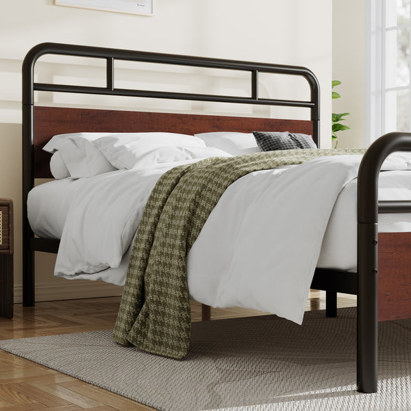 Metal Platform Bed Frame with Modern Wood Headboard, Round Framework Design