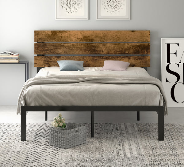 Platform Bed Frame with Wood headboard and Metal Slats / Rustic Country Style Mattress Foundation