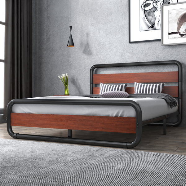 Metal Bed Frame with Wooden Headboard & Footboard,