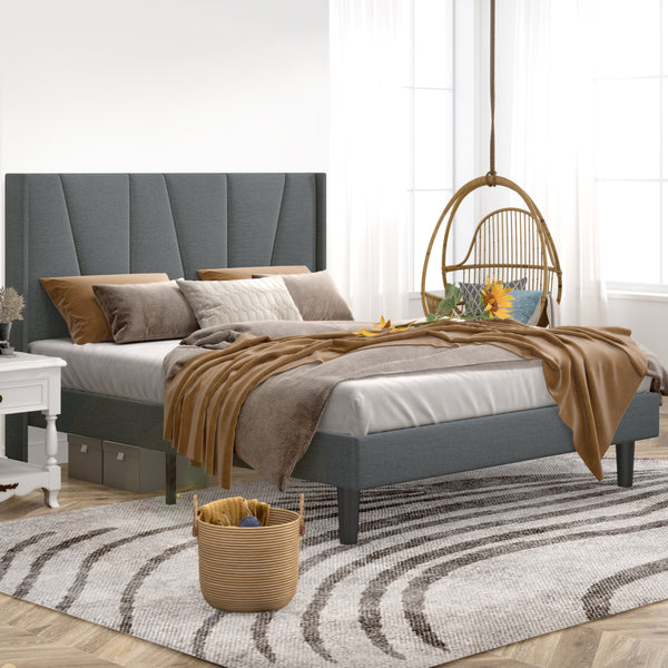 Upholstered Linen Platform Bed Frame with Geometric Wingback Headboard, Mattress Foundation