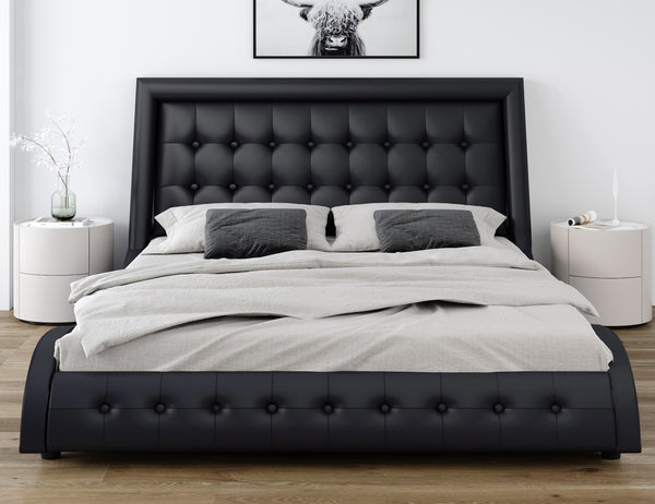 Upholstered Bed Frame with Ergonomic Adjustable Headboard, Faux Leather Upholstered Bed