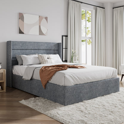 Upholstered Stoage Bed Frame with Lift Up Storage, Wingback Headboard Design