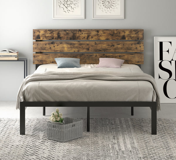 Platform Bed Frame with Wood headboard and Metal Slats / Rustic Country Style Mattress Foundation