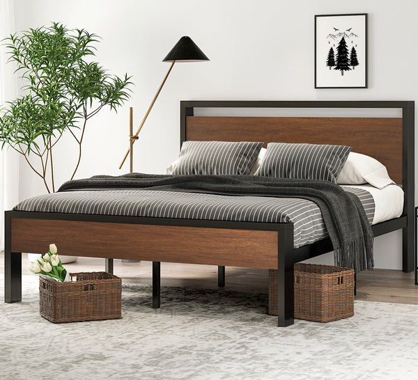 Metal Platform Bed Frame with Wooden Headboard and Footboard