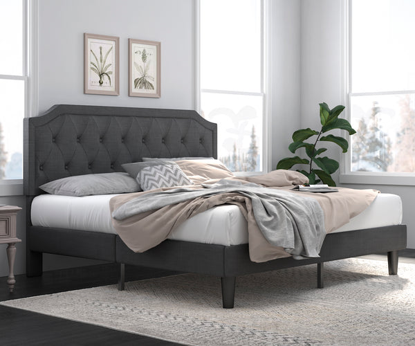 Upholstered Bed, Platform Bed with Curved Rhombic Button Tufted Headboard