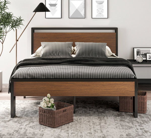 Metal Platform Bed Frame with Wooden Headboard and Footboard