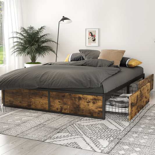 Metal Platform Bed Frame with 4 Sliding XL Storage Drawers