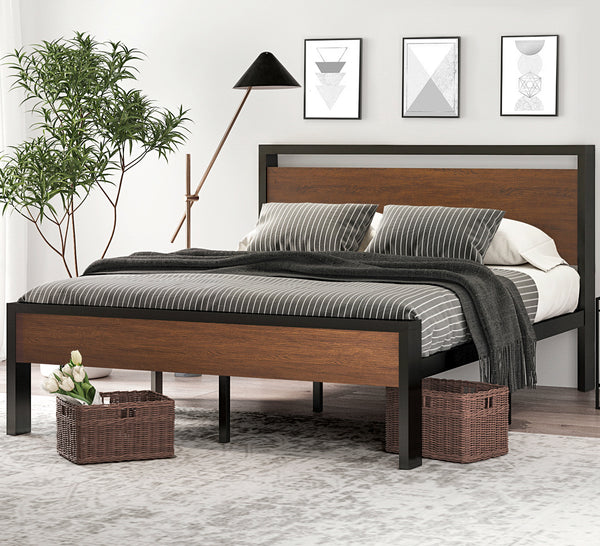 Metal Platform Bed Frame with Wooden Headboard and Footboard