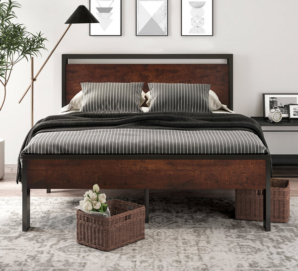 Metal Platform Bed Frame with Wooden Headboard and Footboard