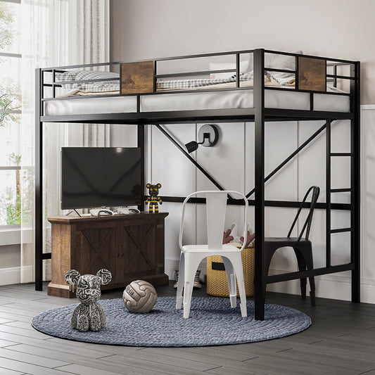 Metal Loft Bed Frame with Full-Length Guardrail, Wood Decoration