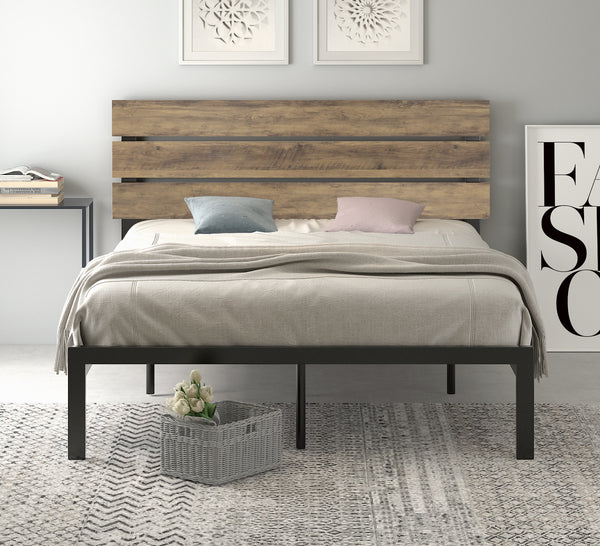 Platform Bed Frame with Wood headboard and Metal Slats / Rustic Country Style Mattress Foundation