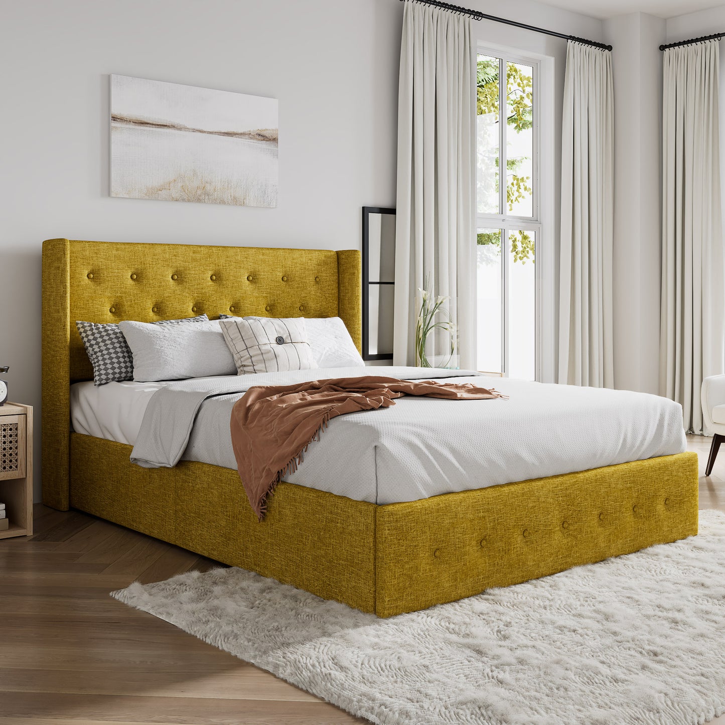 Upholstered Stoage Bed Frame with Lift Up Storage, Wingback Headboard Design