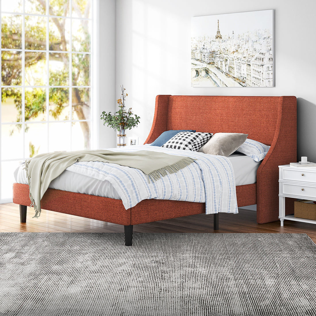 Wingback upholstered deals bed queen