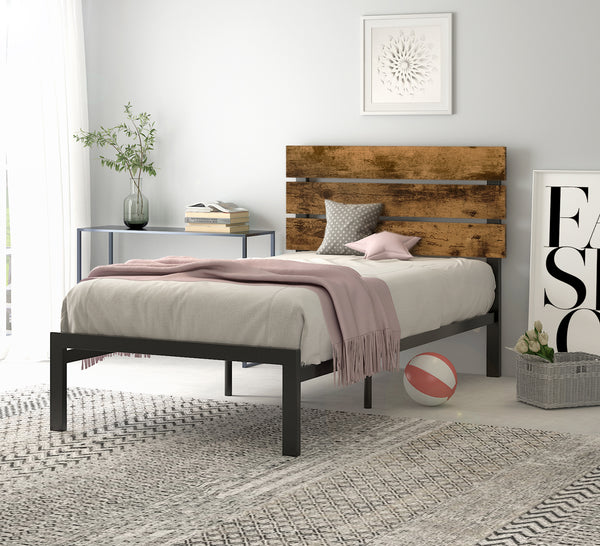 Platform Bed Frame with Wood headboard and Metal Slats / Rustic Country Style Mattress Foundation