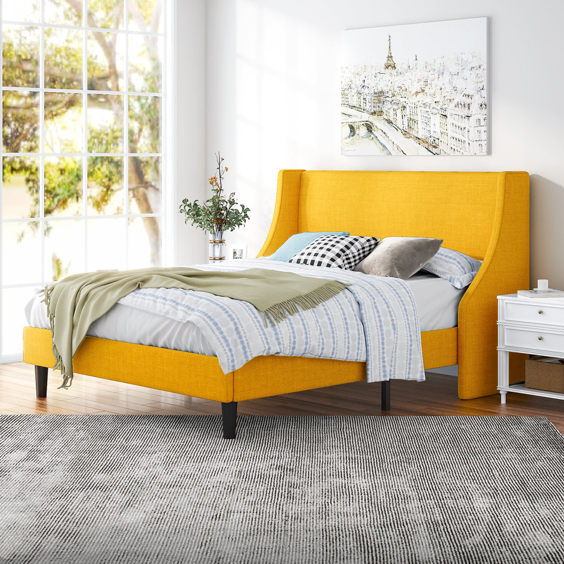 upholstered wingback platform bed