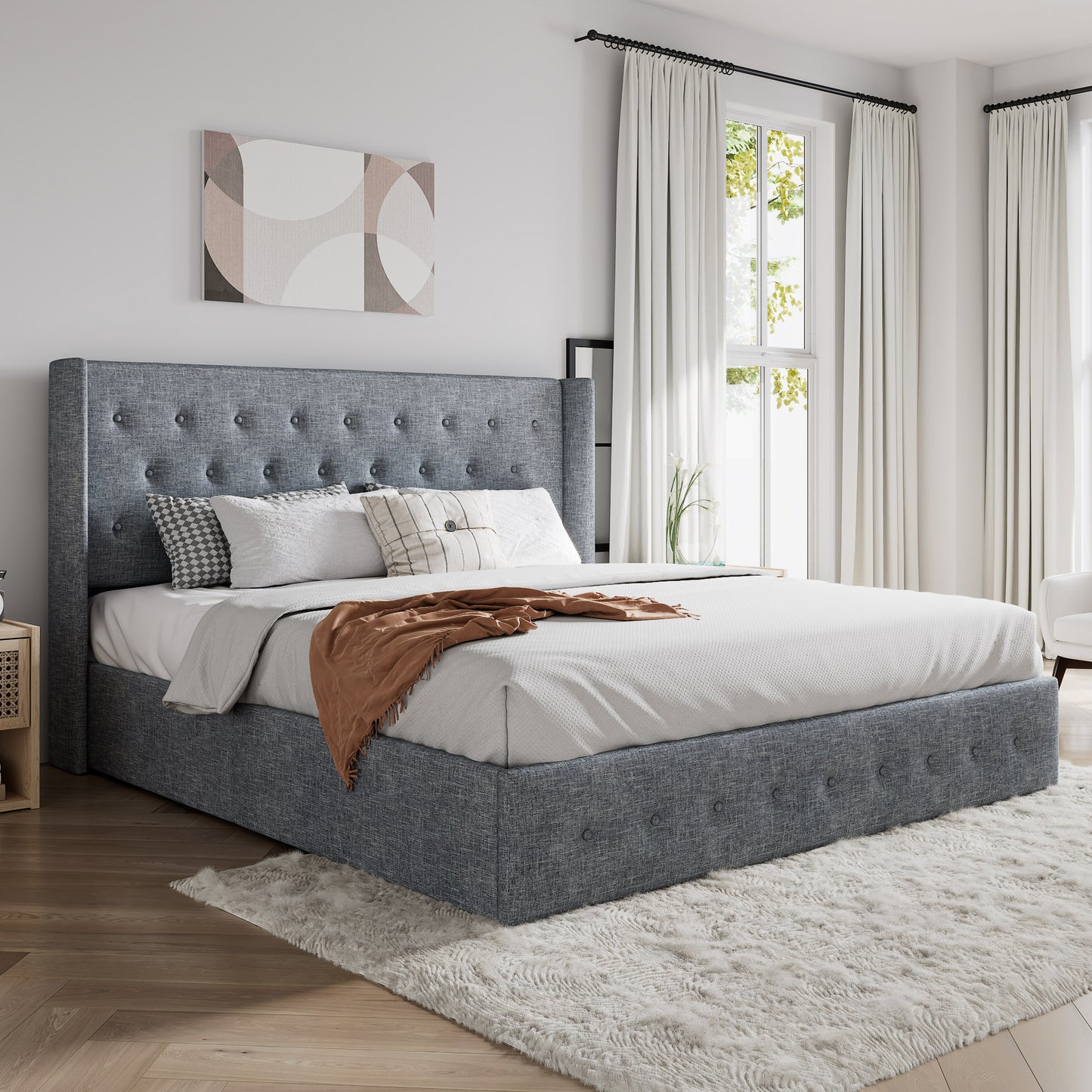 Upholstered Stoage Bed Frame with Lift Up Storage, Wingback Headboard Design