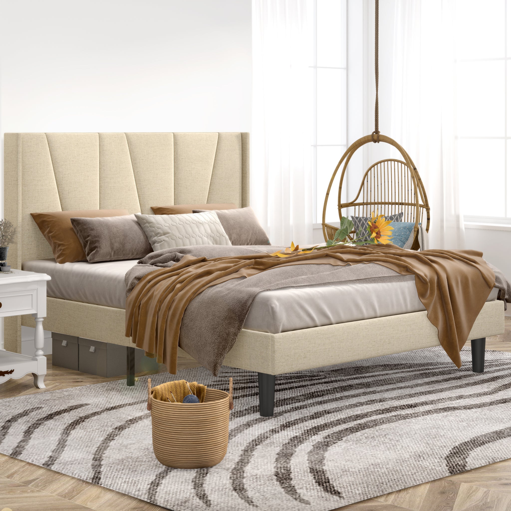 Upholstered Linen Platform Bed Frame with Geometric Wingback Headboard ...