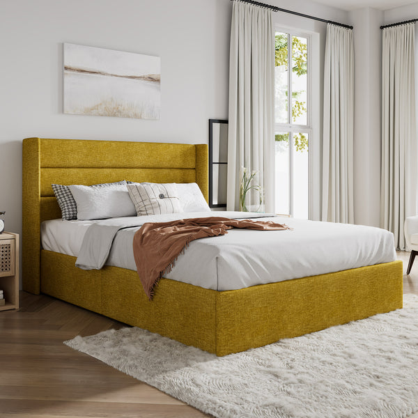 Upholstered Stoage Bed Frame with Lift Up Storage, Wingback Headboard Design