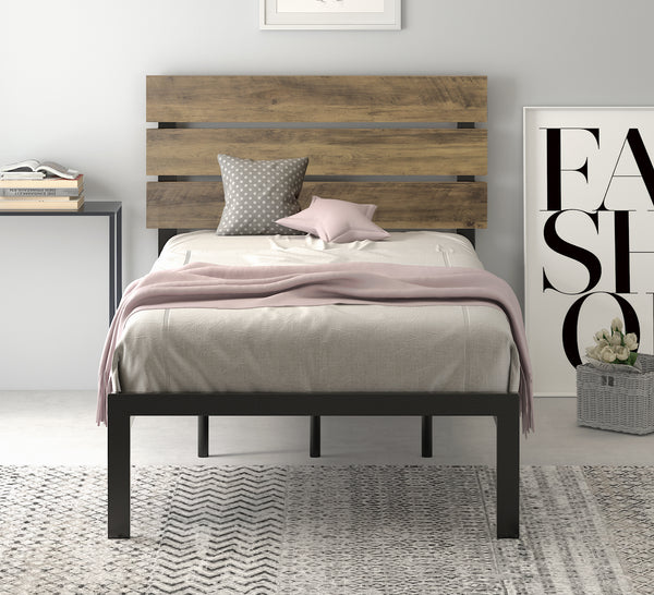 Platform Bed Frame with Wood headboard and Metal Slats / Rustic Country Style Mattress Foundation