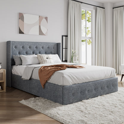 Upholstered Stoage Bed Frame with Lift Up Storage, Wingback Headboard Design