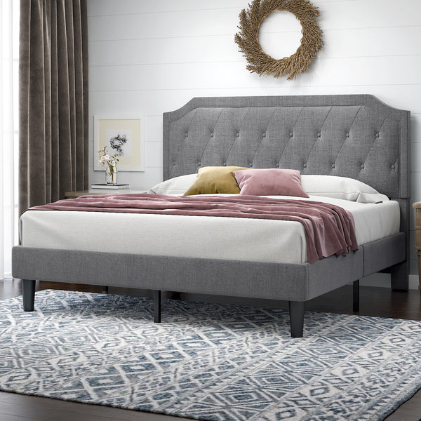 Upholstered Bed, Platform Bed with Curved Rhombic Button Tufted Headboard