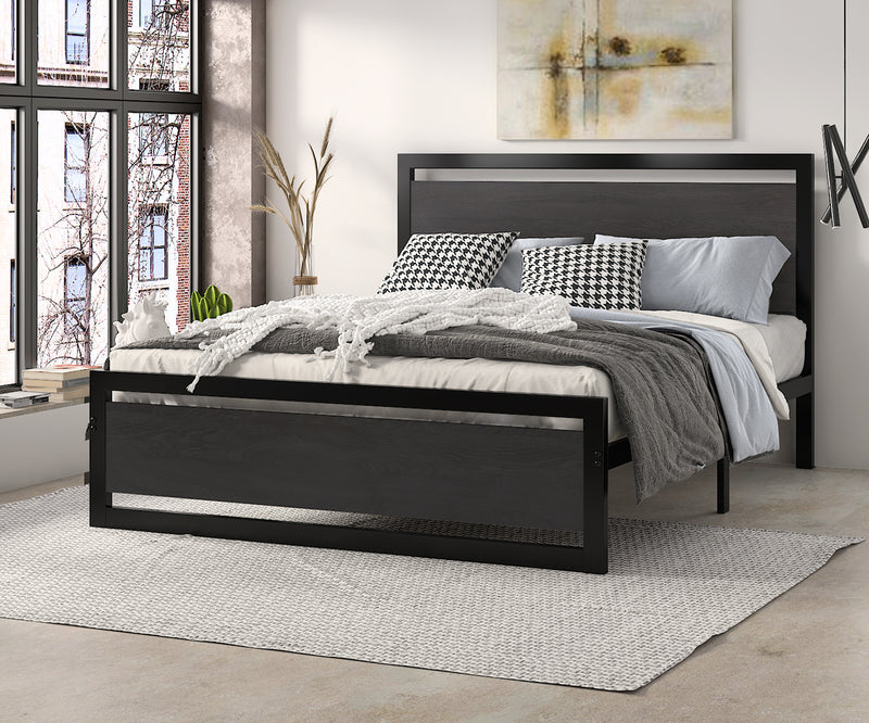 Metal Platform Bed with Modern Wooden Headboard & Footboard