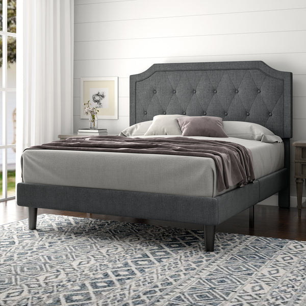 Upholstered Bed, Platform Bed with Curved Rhombic Button Tufted Headboard